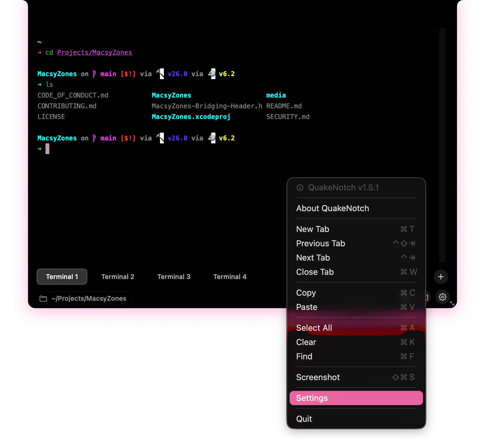 QuakeNotch Terminal Context Menu